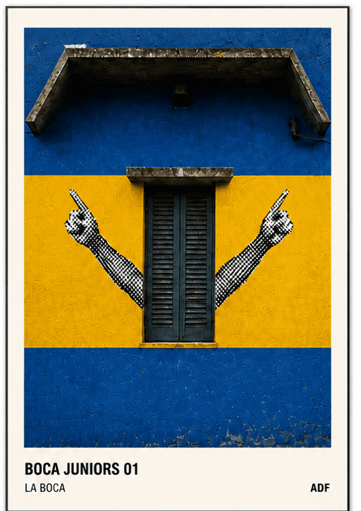 Boca Juniors 01 — La Boca: a blue and gold wall with painted hands either side of a shuttered window