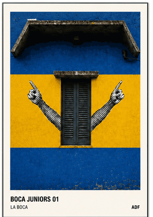 La Boca window print — blue and gold wall with painted hands