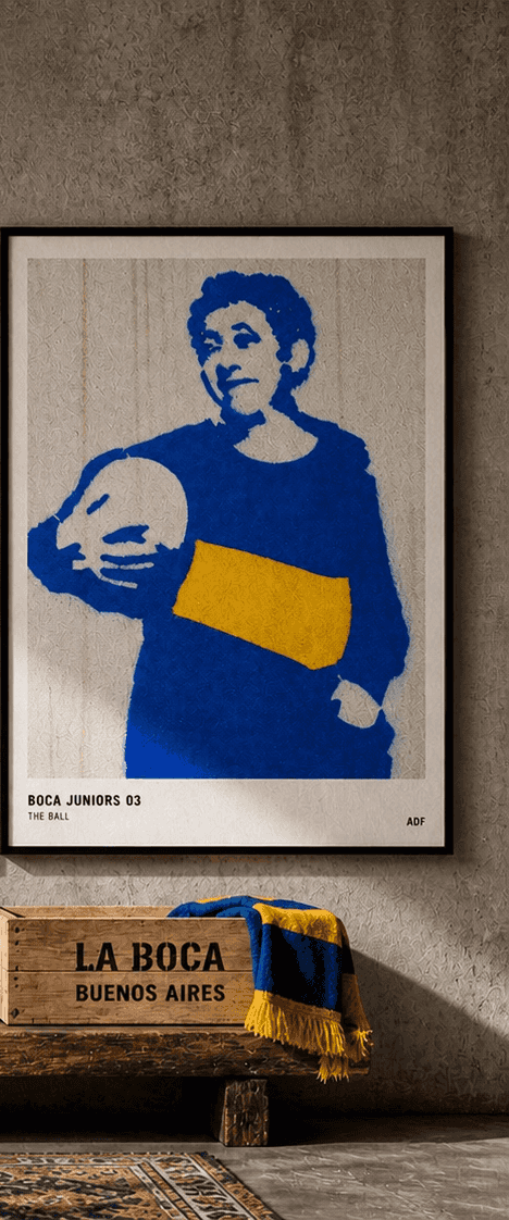 Boca Juniors 03 — The Ball, framed on a concrete wall