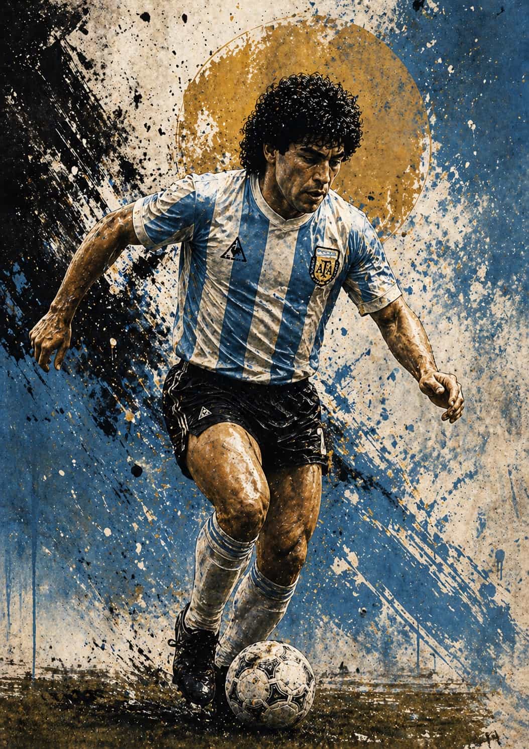 Diego Maradona in the Argentina shirt — splatter-ink artwork
