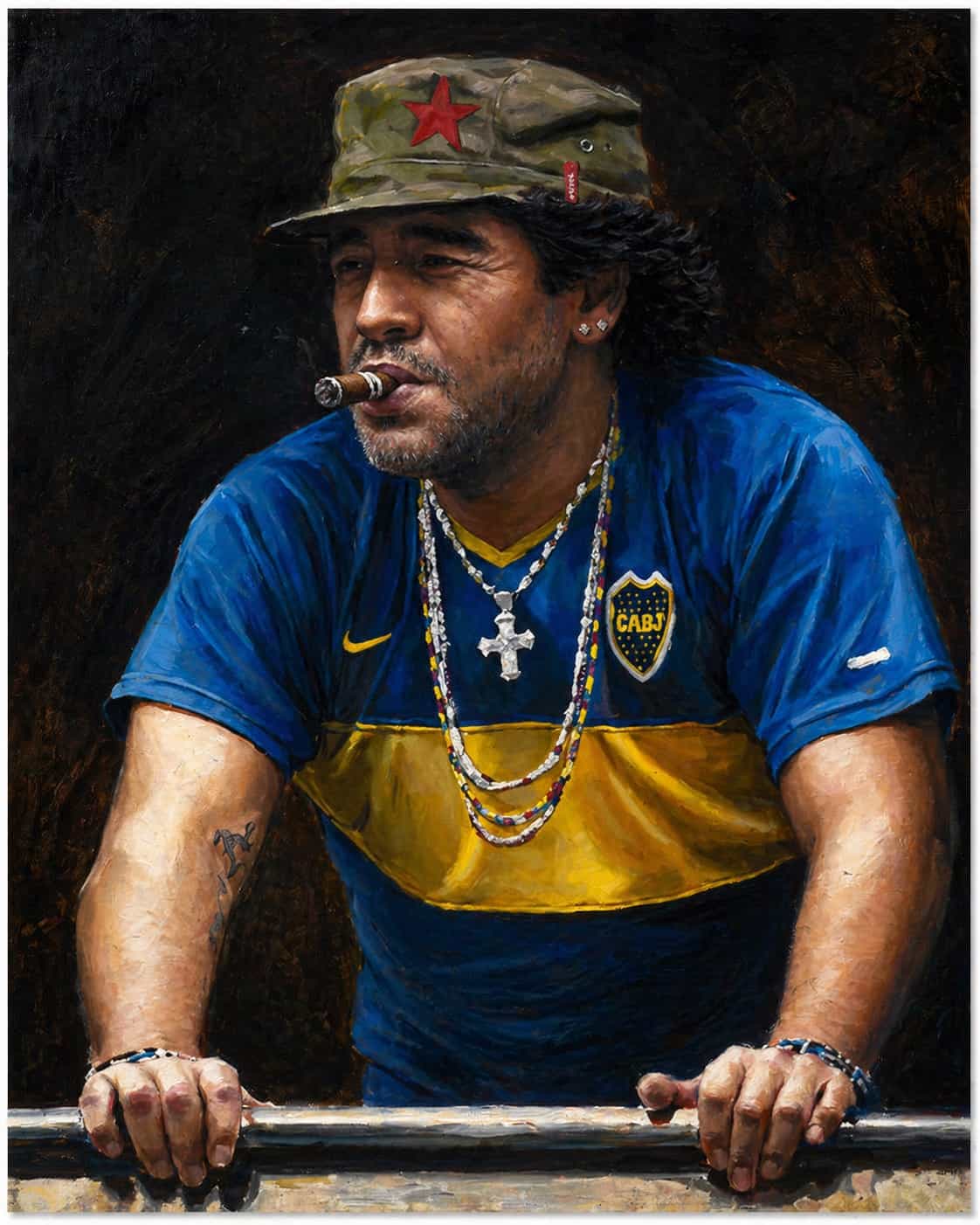Painting of Diego Maradona on a balcony in a Boca shirt
